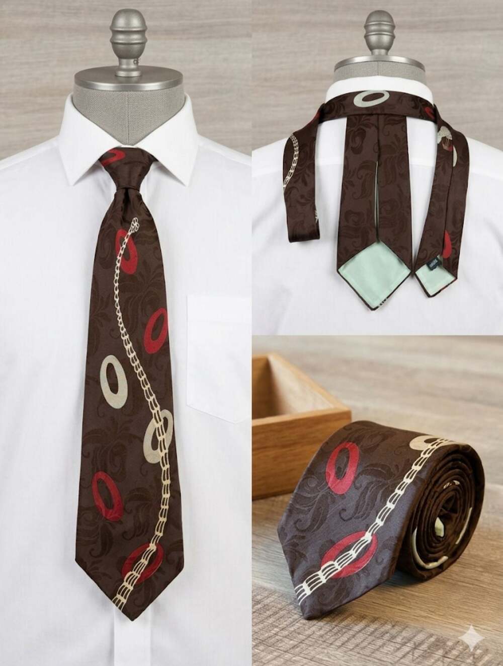 Vintage Men's Brown Silk Necktie with Abstract Red and White Chain Link Pattern